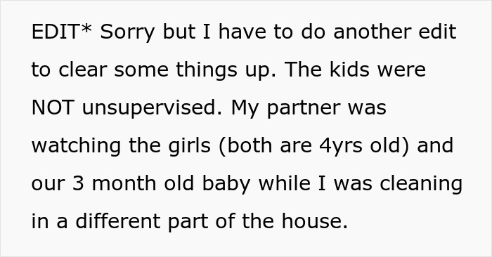 Text excerpt explaining a situation involving child supervision and furniture damage in a WBTA discussion.