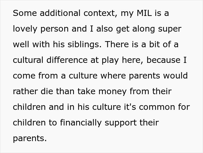 Text discussing cultural differences in financial support for parents, focusing on wife refusing to support husband&rsquo;s mom.