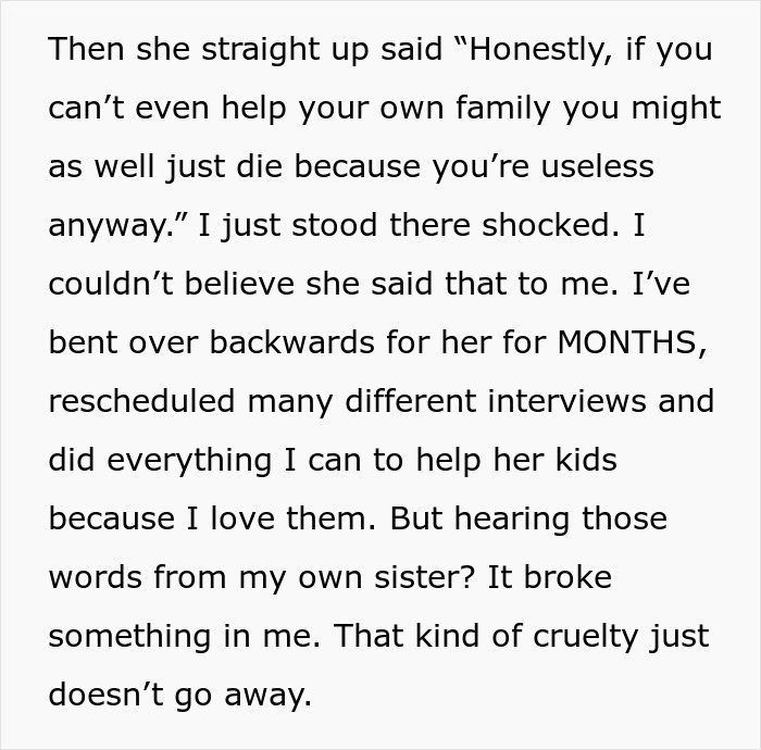 Shocked person recalls sister&rsquo;s cruel response after asking to be paid for babysitting niece and nephew.