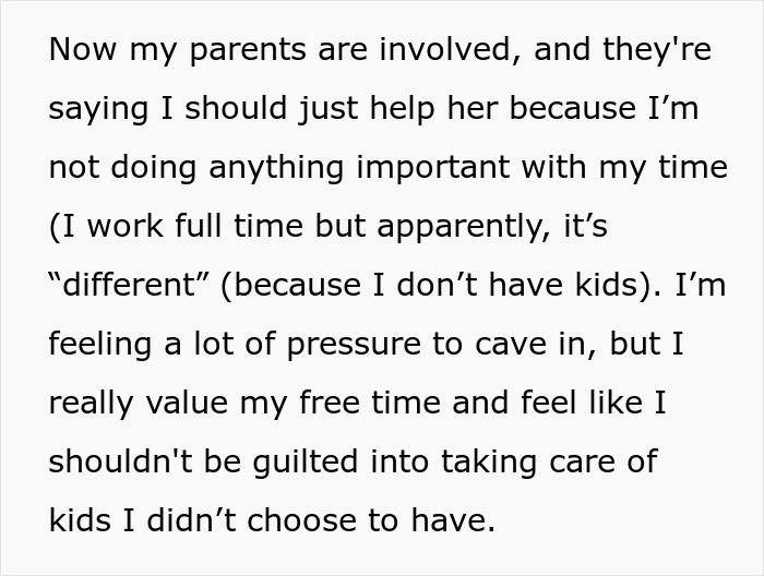 Text excerpt showing a brother feeling pressured to babysit kids despite setting childfree boundaries.