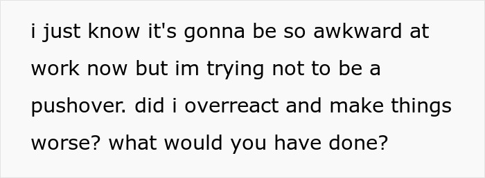 Text message expressing concern about awkwardness at work after a coworker backs out of splitting the bill.