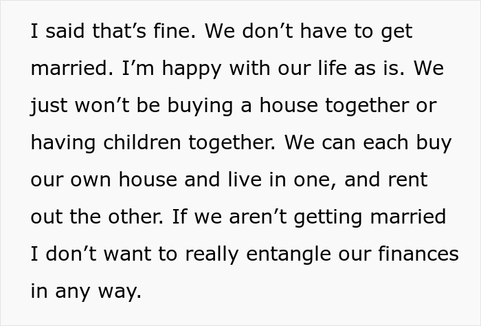 Text discussing a woman open to having kids until her boyfriend expresses no interest in marriage or shared finances. Text discussing a woman open to having kids until her boyfriend expresses no interest in marriage or shared finances.