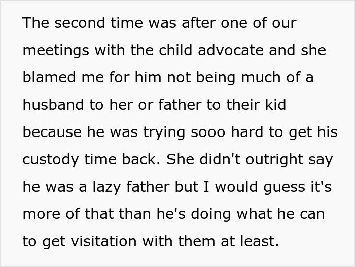Text excerpt about custody battles and visitation challenges with husband&rsquo;s ex regarding babysitter options.