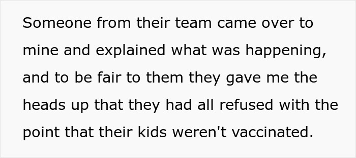 Text excerpt about work situation explaining refusal due to kids not vaccinated, related to extra risky nomination at work.