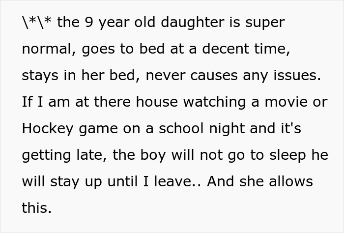 Text excerpt showing a man questioning his future with girlfriend after her 11-year-old son monitors bedroom and demands open door.