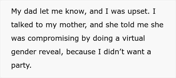 Text excerpt about a mom compromising with a virtual gender reveal as daughter didn&rsquo;t want a party for pregnancy announcement.