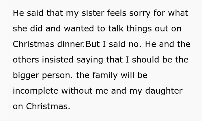 Text message about sister feeling sorry and family being incomplete without dad and daughter on Christmas, neglect concerns.