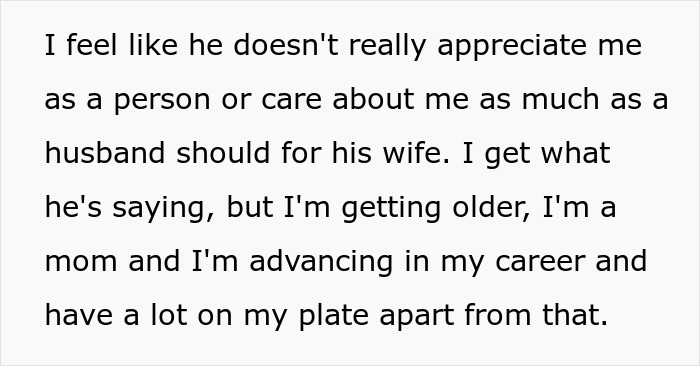 Text expressing a wife feeling unappreciated as a person and in her career while managing family responsibilities.