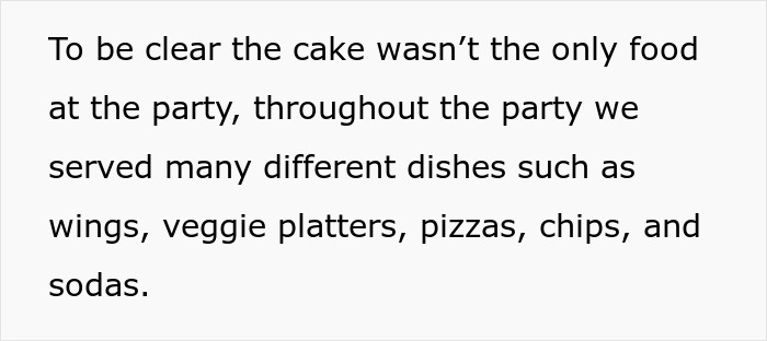 Text excerpt from a party menu describing various foods served at a birthday gathering including wings, pizzas, and veggie platters.