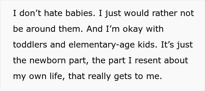 Text image with a personal statement about discomfort with newborns due to past trauma, reflecting emotional struggle.