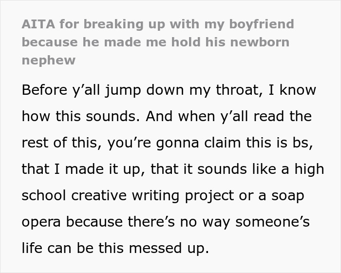 Screenshot of a text post discussing a woman breaking up with her boyfriend after he forced her to hold a newborn despite trauma.