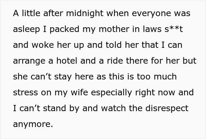 Text describing a middle-of-the-night scene where a new mom asks her mother-in-law to leave due to stress and disrespect. Text describing a middle-of-the-night scene where a new mom asks her mother-in-law to leave due to stress and disrespect.