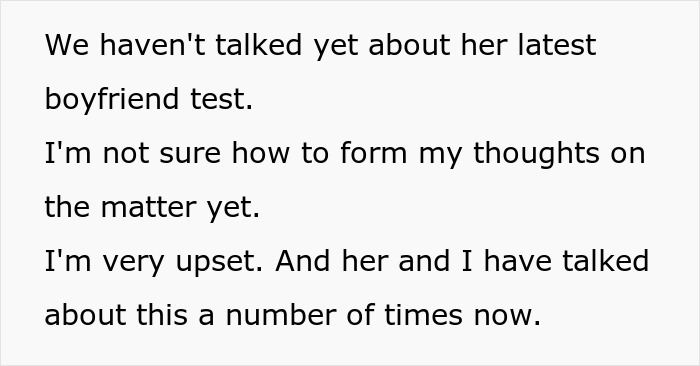 Text on a white background about being upset and discussing a girlfriend's latest boyfriend test involving a fake pregnancy. Text on a white background about being upset and discussing a girlfriend's latest boyfriend test involving a fake pregnancy.