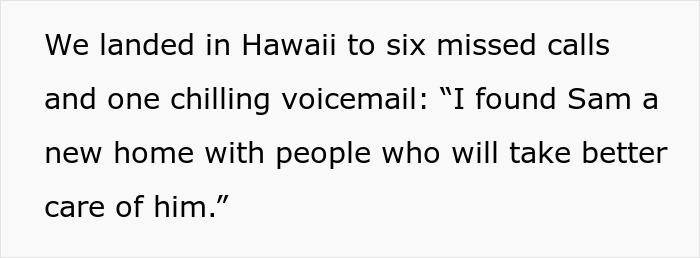 Text excerpt showing a voicemail about a MIL secretly rehoming a dog while the couple is on honeymoon.