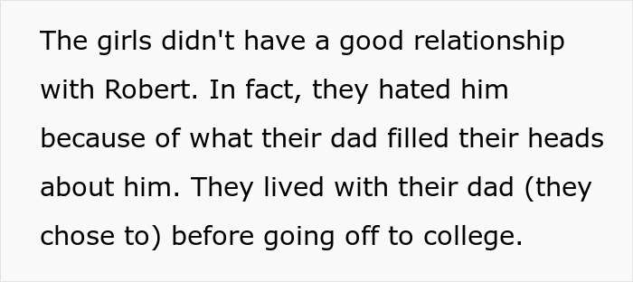 Text excerpt describing daughters' strained relationship with half-brother due to their father's influence and living situation.