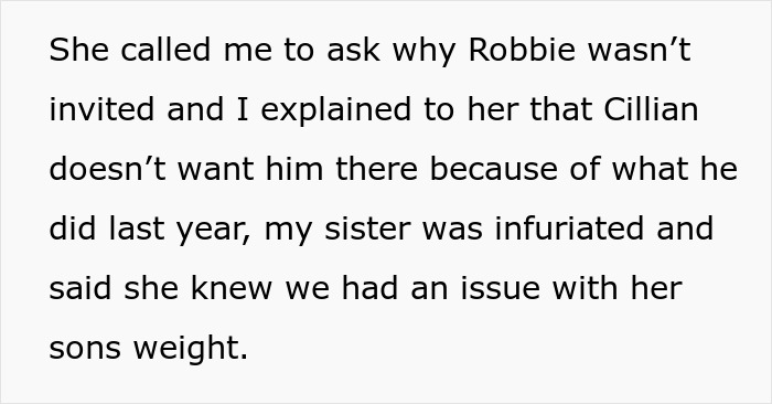 Text message explaining why nephew was excluded from son's birthday due to last year&rsquo;s incident and accusations of fatphobia.