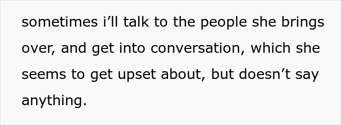 Text excerpt on white background about talking to people her roommate brings over and conversation causing upset feelings.