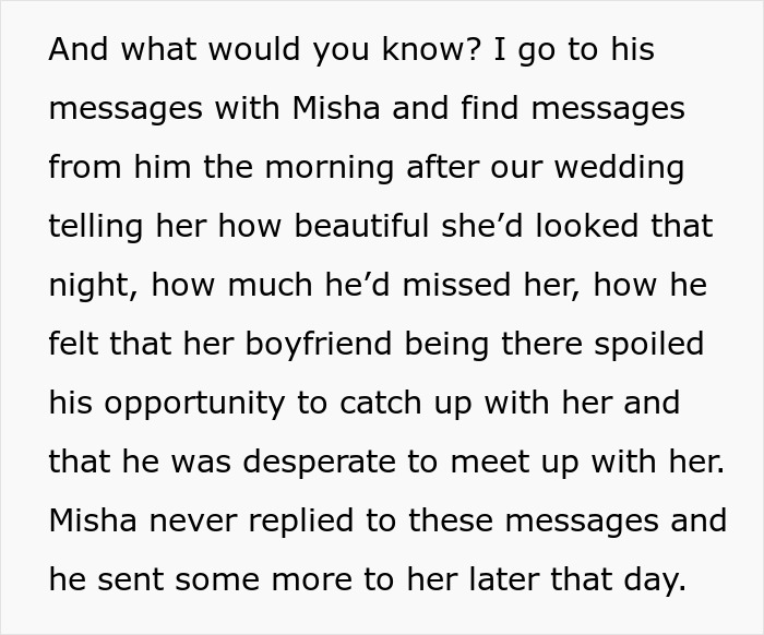 Text showing messages revealing a husband&rsquo;s jealousy and ongoing feelings for a girl he led on for years after their wedding.