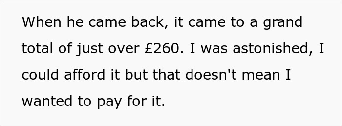 Text excerpt describing a bill over &pound;260 after friend&rsquo;s girlfriend orders the most expensive meals, causing anger and shock.