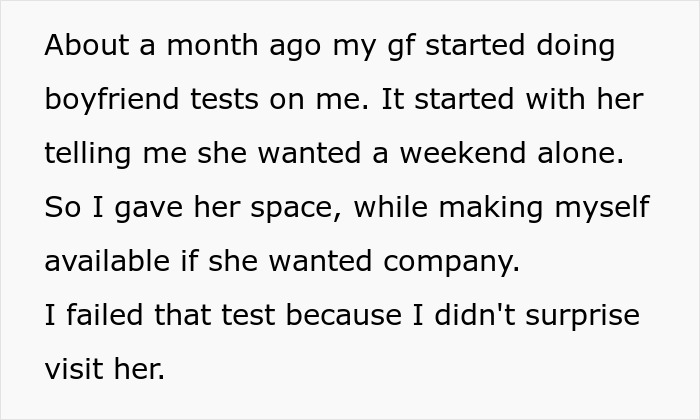 Text excerpt describing a boyfriend failing girlfriend’s tests leading to issues in the relationship. Text excerpt describing a boyfriend failing girlfriend’s tests leading to issues in the relationship.