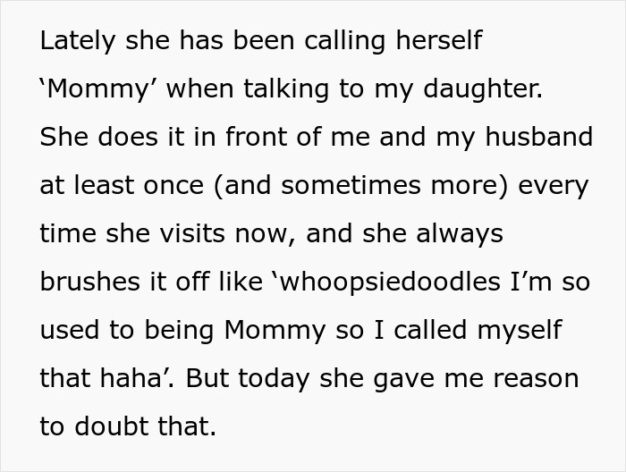 Text excerpt describing a mil calls herself mommy when speaking to her daughter during visits with family.
