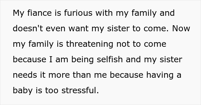 Text describing conflict involving couple booking wedding venue years in advance and pregnant sister demanding it.