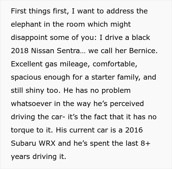 Text excerpt where woman seeks advice on talking sense into husband planning irresponsible manly purchase, discussing cars.