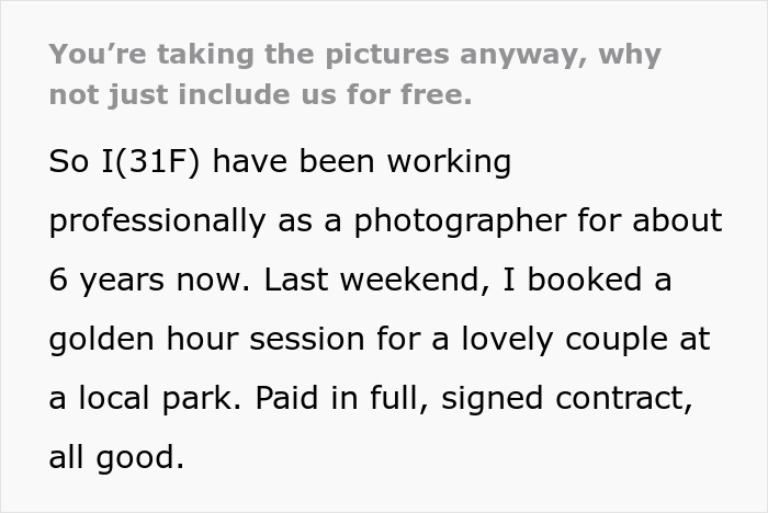 Text excerpt describing an entitled mom interrupting a couple&rsquo;s photoshoot to harass the photographer for free pictures of her kids.