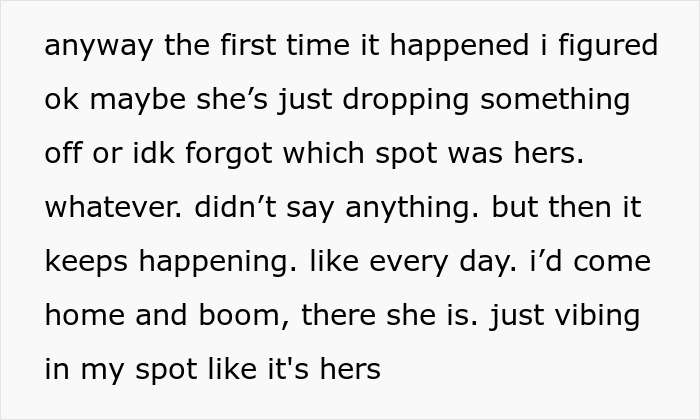 Text excerpt describing an entitled lady repeatedly parking in a neighbor’s spot and causing tension when asked to move her car. Text excerpt describing an entitled lady repeatedly parking in a neighbor’s spot and causing tension when asked to move her car.