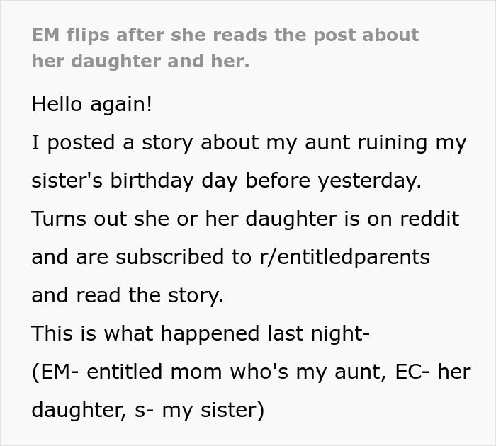 Text post about visiting relatives demanding cake, gifts, and full attention ruining girl’s 11th birthday celebration. Text post about visiting relatives demanding cake, gifts, and full attention ruining girl’s 11th birthday celebration.