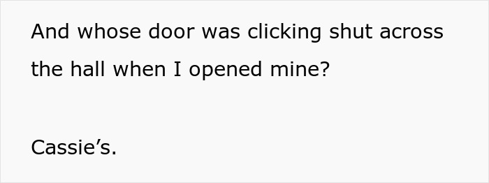 Text excerpt about a neighbor&rsquo;s door clicking shut, hinting at petty revenge for package stealing issues.