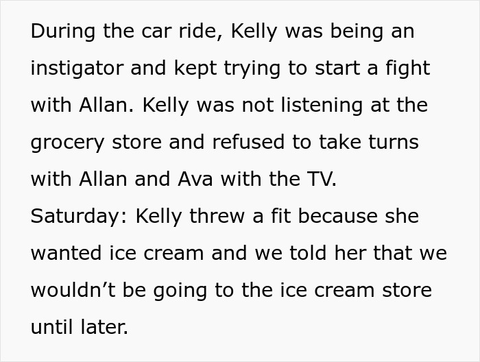 Text showing a woman refusing to take sister&rsquo;s kid on trips due to behavioral issues during family outings and disagreements.