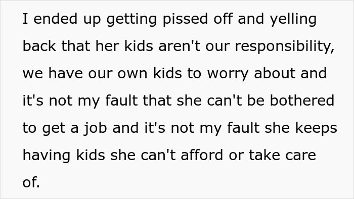 Text excerpt showing a woman refusing to babysit step sister's kids, causing family drama and conflict.