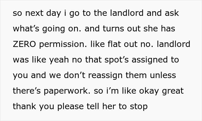 Text excerpt showing a landlord confirming parking spot is assigned and refusing reassignment without paperwork. Text excerpt showing a landlord confirming parking spot is assigned and refusing reassignment without paperwork.