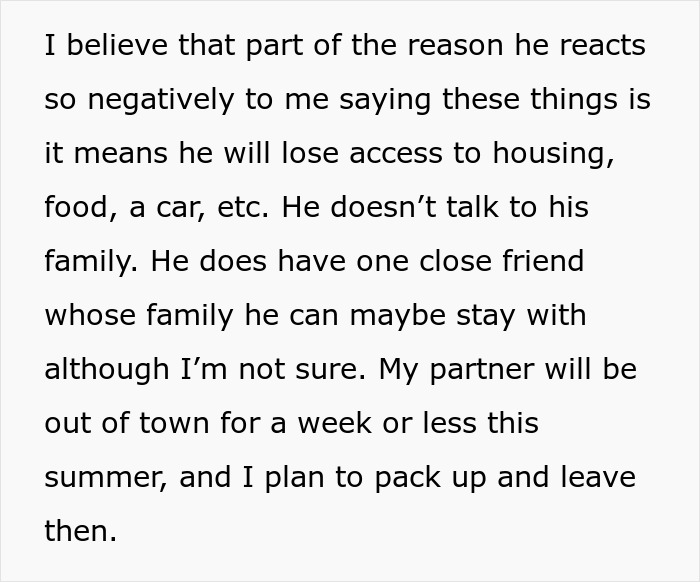 Text excerpt discussing a jobless partner&rsquo;s anger, spending, and plans to quietly leave the toxic home this summer.