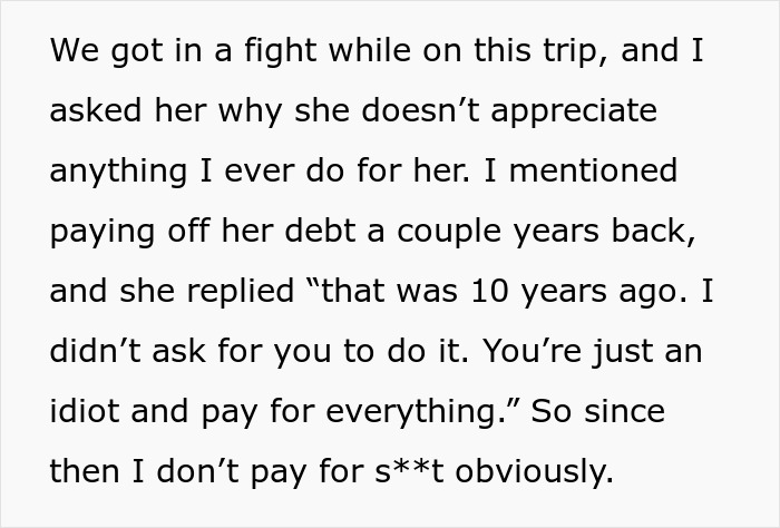 Text excerpt about a woman confronting her sister over paying off her debts years ago and refusing to help now. Text excerpt about a woman confronting her sister over paying off her debts years ago and refusing to help now.