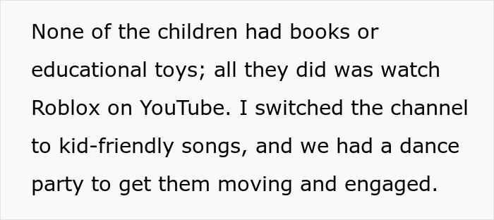 Text excerpt describing children lacking educational toys and a babysitter engaging them with kid-friendly songs during a dance party.