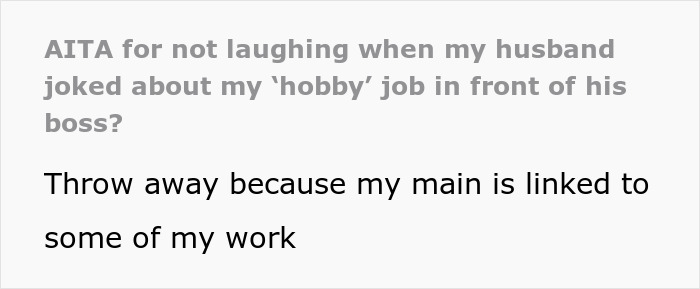 Text post discussing a man undermining his wife's job in front of his boss, with her not laughing along.