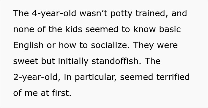 Text describing babysitter's experience with kids' living conditions and social challenges, highlighting heartbreak and concern.