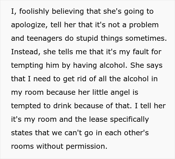 Alt text: Roommate blamed for tempting a teen after sneaking into room and stealing alcohol, causing conflict over responsibility. Alt text: Roommate blamed for tempting a teen after sneaking into room and stealing alcohol, causing conflict over responsibility.