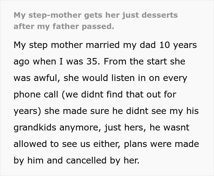 Text excerpt describing a horrible stepmom who caused family issues and was blocked after receiving what she deserves.