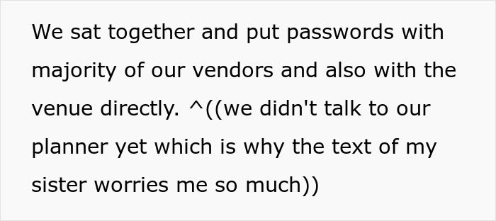 Text excerpt about couple booking wedding venue in advance and concern over pregnant sister's demand.