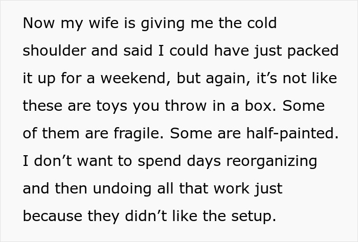 Text about guy prioritizing his miniature wargaming studio over family, explaining fragile and half-painted models.