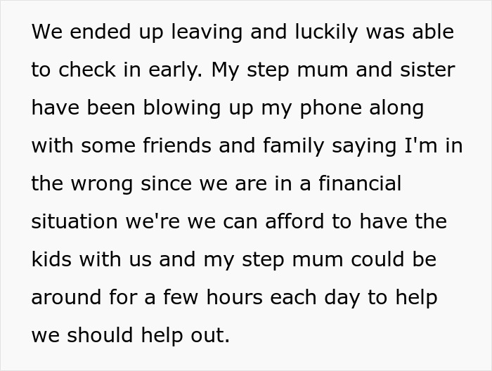 Text excerpt showing family conflict over babysitting step sister&rsquo;s kids during holiday, highlighting financial stress.
