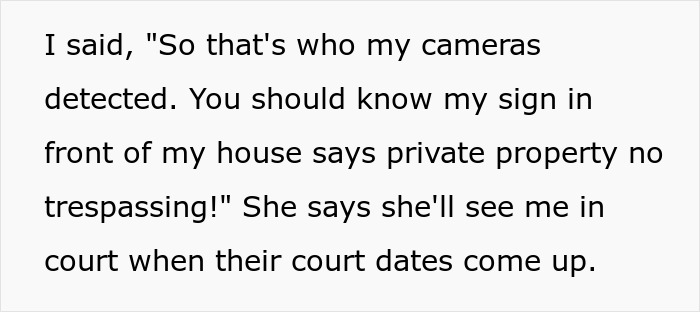 Text showing a person confronting neighbors about trespassing and unauthorized use of their pool despite posted private property signs.