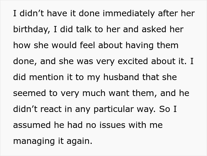 Text excerpt explaining a mother discussing ear piercing with her daughter and mentioning it to her husband who did not react. Text excerpt explaining a mother discussing ear piercing with her daughter and mentioning it to her husband who did not react.