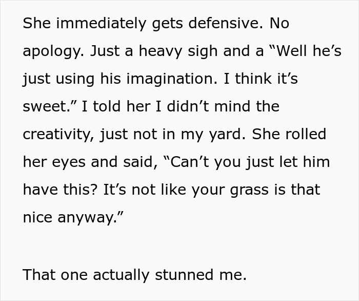 Neighbor child digging and ruining lawn while parent dismisses concerns about the damaged grass area.