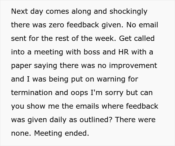 Text excerpt describing a manager wanting to fire employee with baseless claims, unable to prove feedback was given.