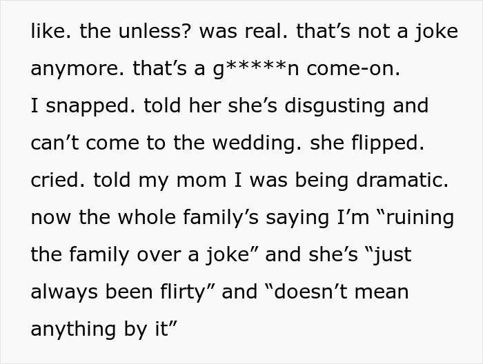 Excerpt of a family dispute where a woman makes inappropriate comments about sister&rsquo;s fianc&eacute; and gets banned from wedding.
