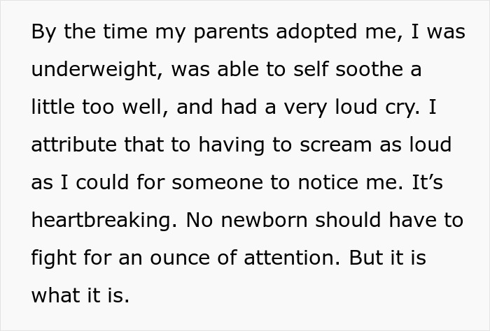 Text excerpt about woman&rsquo;s trauma with newborn, highlighting emotional impact and attention struggles after adoption.